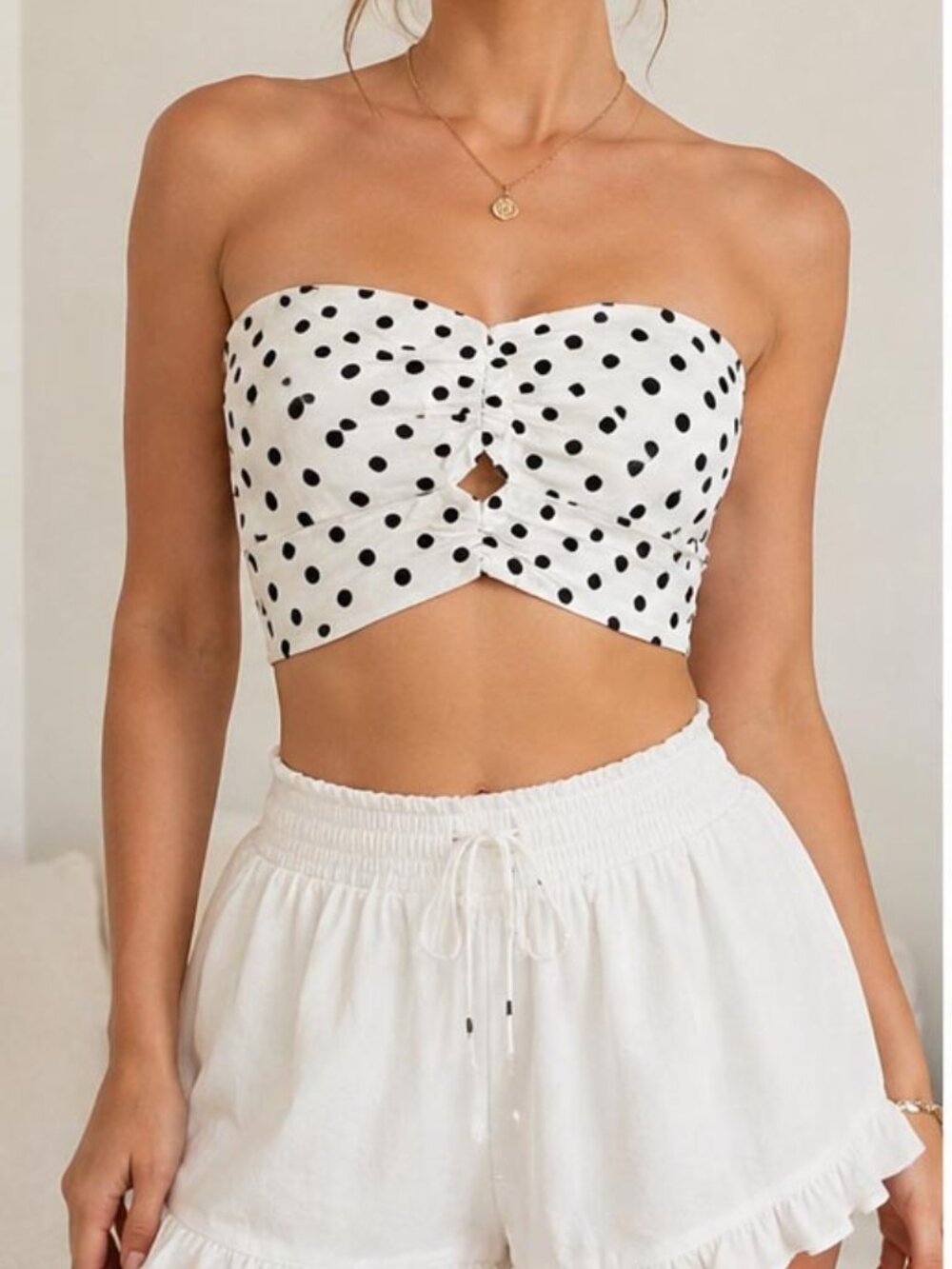 Polka Dot Bandeau Crop Top | Sweetheart Ruched Keyhole Strapless Tube Top